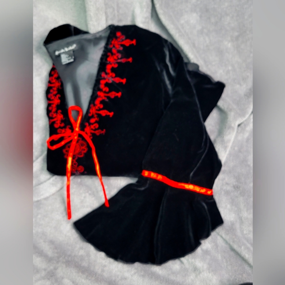 Women's Rich Black Velvet Embroidered Spanish Style Blouse.